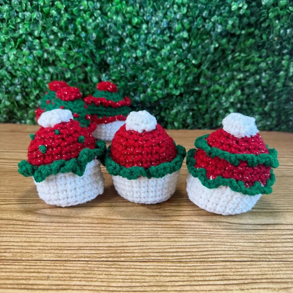 Bundle of 6 Handmade Crochet Christmas Red & Green Cupcake Holiday Decor Gift